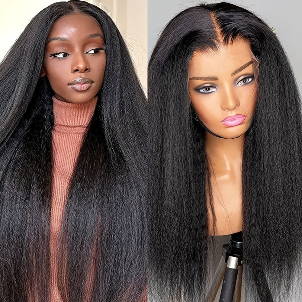 Kinky Straight Wig Lace Front Synthetic 26 Inch Black Yaki Texture HD Lace Glueless Pre Plucked Hairline Heat Resistant 160°C Adjustable Cap for Women Beginner Friendly