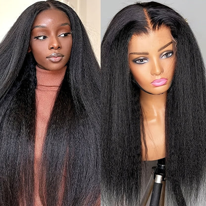 Kinky Straight Wig Lace Front Synthetic 26 Inch Black Yaki Texture HD Lace Glueless Pre Plucked Hairline Heat Resistant 160°C Adjustable Cap for Women Beginner Friendly