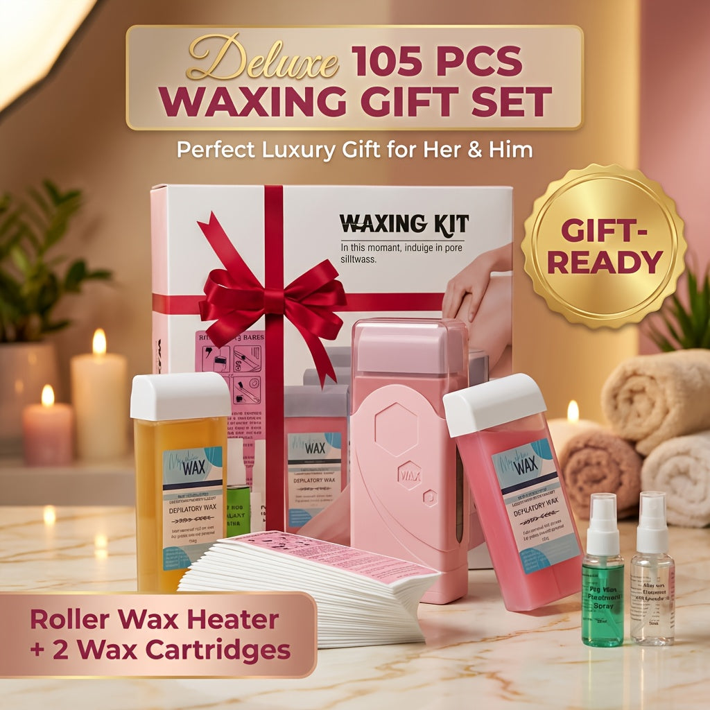 105 Items Luxury Roll on Wax Kit (2 X Wax Rollers, 1 X Roll on Wax Warmer, 100 X Strips, 1 X Lavender Oil, 1 X Spray), Pro-Grade Home Wax Machine And Wax Beads for Face/Brazilian/Full Body/Bikini/Sensitive