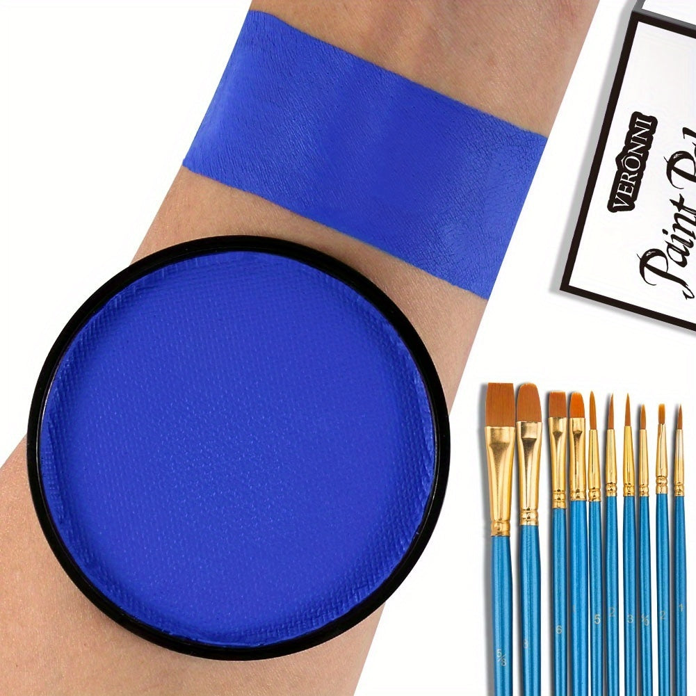 Water Activated Face Paint Kit with 10 Brushes - Water Based Face Body Paint Palette Black White Red Blue Green Purple for Halloween Cosplay Party