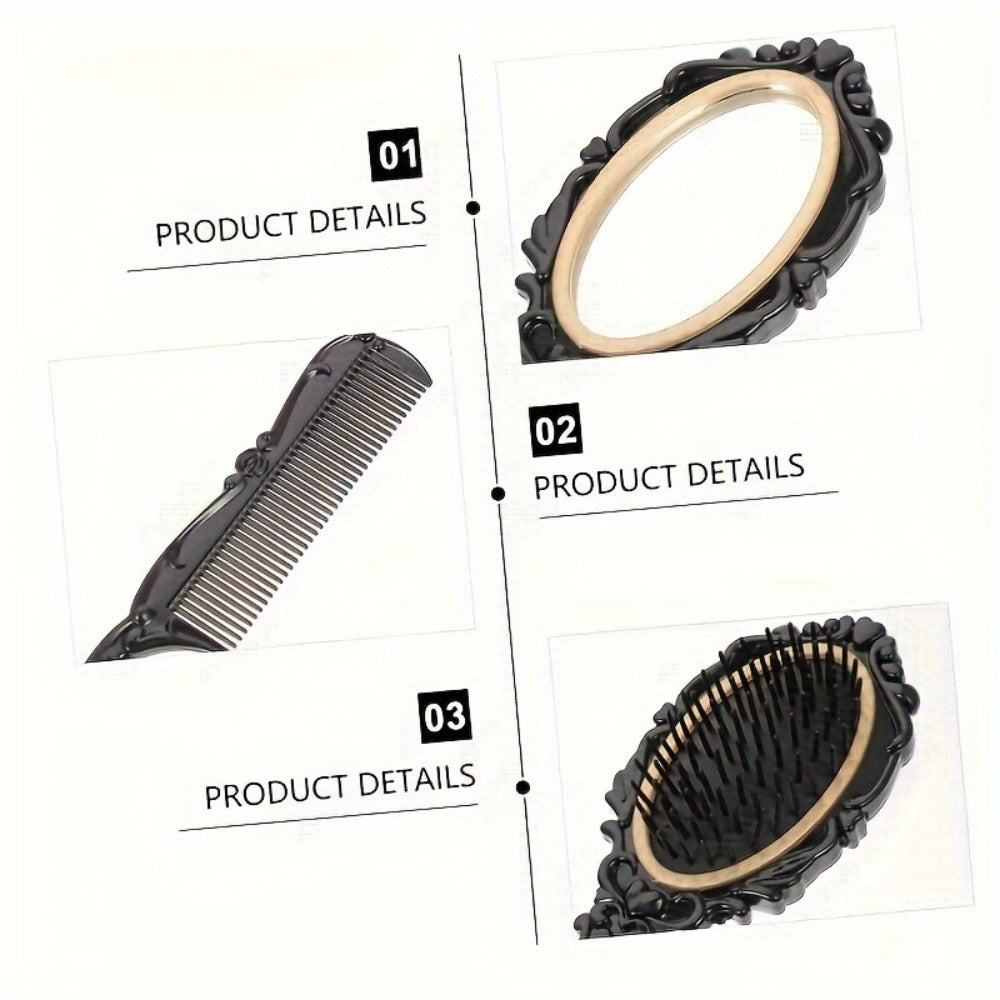 Black Mirror Comb Set, Scalp Massage Hairbrush with Mirror, Retro Hair Comb, Makeup Hair Comb