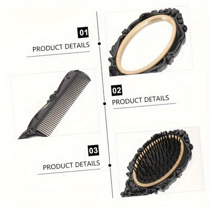 Hair Comb Set with Mirror Scalp Massage Hairbrush Retro Pocket Mirror Comb Makeup Vanity Brush Set for Women Girls Travel Daily Grooming Black