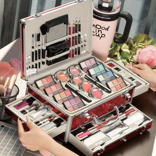 All-In-One Makeup Kit Aluminum Travel Case Full Set Eyeshadow Blush Lipstick Foundation Eyeliner Mascara Brush Set with Mirror Christmas Independence Day Halloween Birthday Gift for Women Girls Beginners