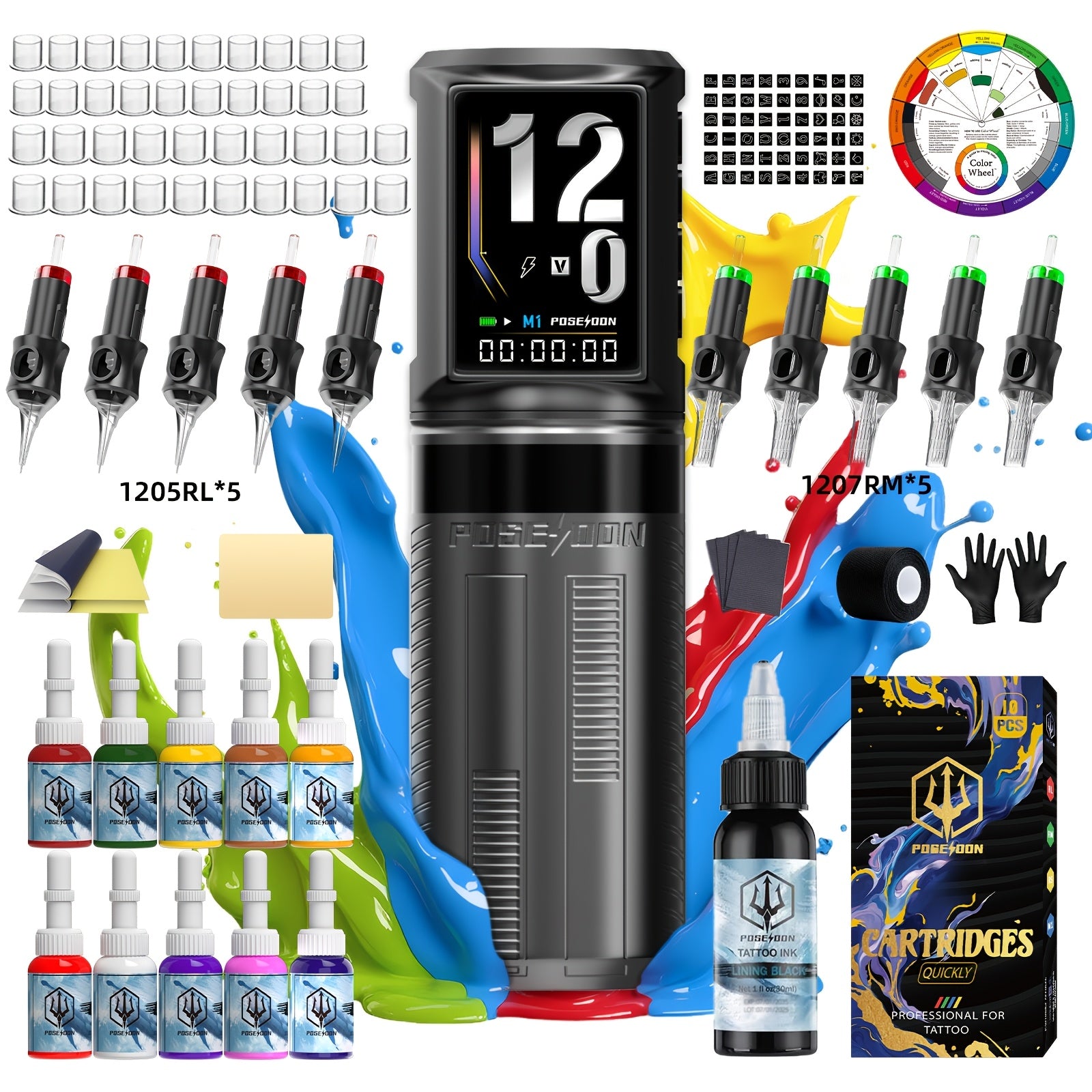 POSEIDON Tattoo Kit, Tattoo Pen Kit, Wireless Rotary Tattoo Gun Kit, LED Color Screen Tattoo Machine Kit 2300Mah with 10pcs Tattoo Cartridge Needles And 11 Tattoo Inks, Tattoo Supplies for Beginners