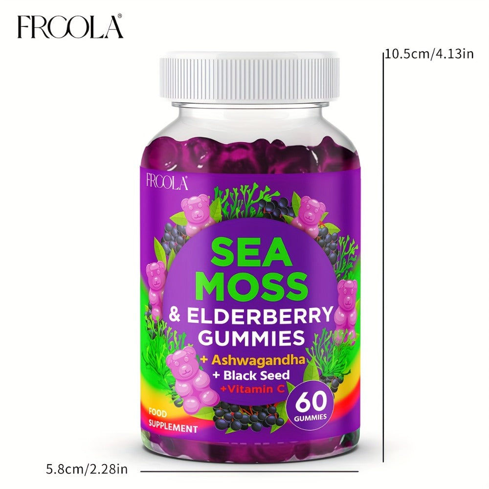 Sea Moss Gummies, with Turmeric, Ashwagandha, Sea Moss, Black Seed Oil, Ashwagandha, Ginger, Shilajit Gummies with Elderberry, Advanced Seamoss Vitamin Multi Mineral Complex Supplement Gummis for Energy, Immune- 60 Count