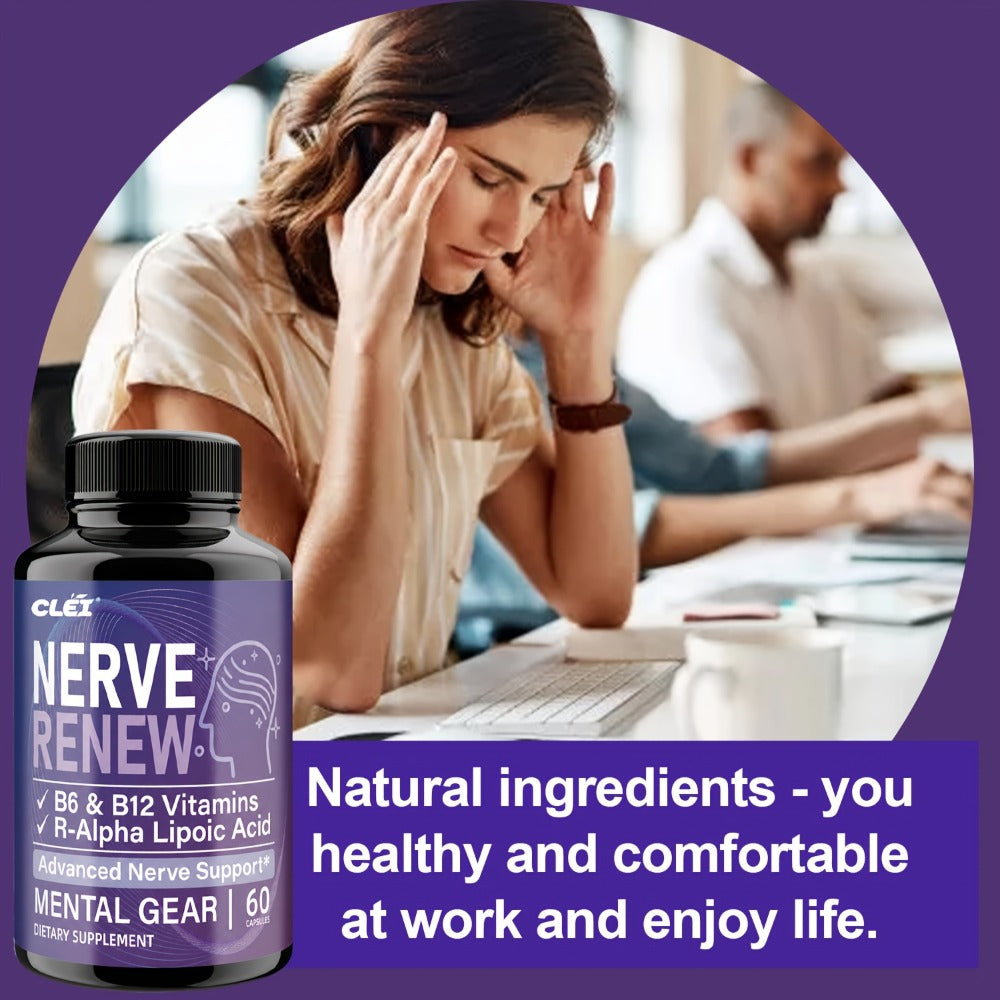 NERVE RENEW CAPSULES. Healthy, Natural. Vitamin B Complex, R-Alpha Lipoic Acid, Sports Health, Neuro Botanical Blend, Antioxidant. Enioy A Healthy Lifestyle And Travel. For Office Workers - 60 Caps