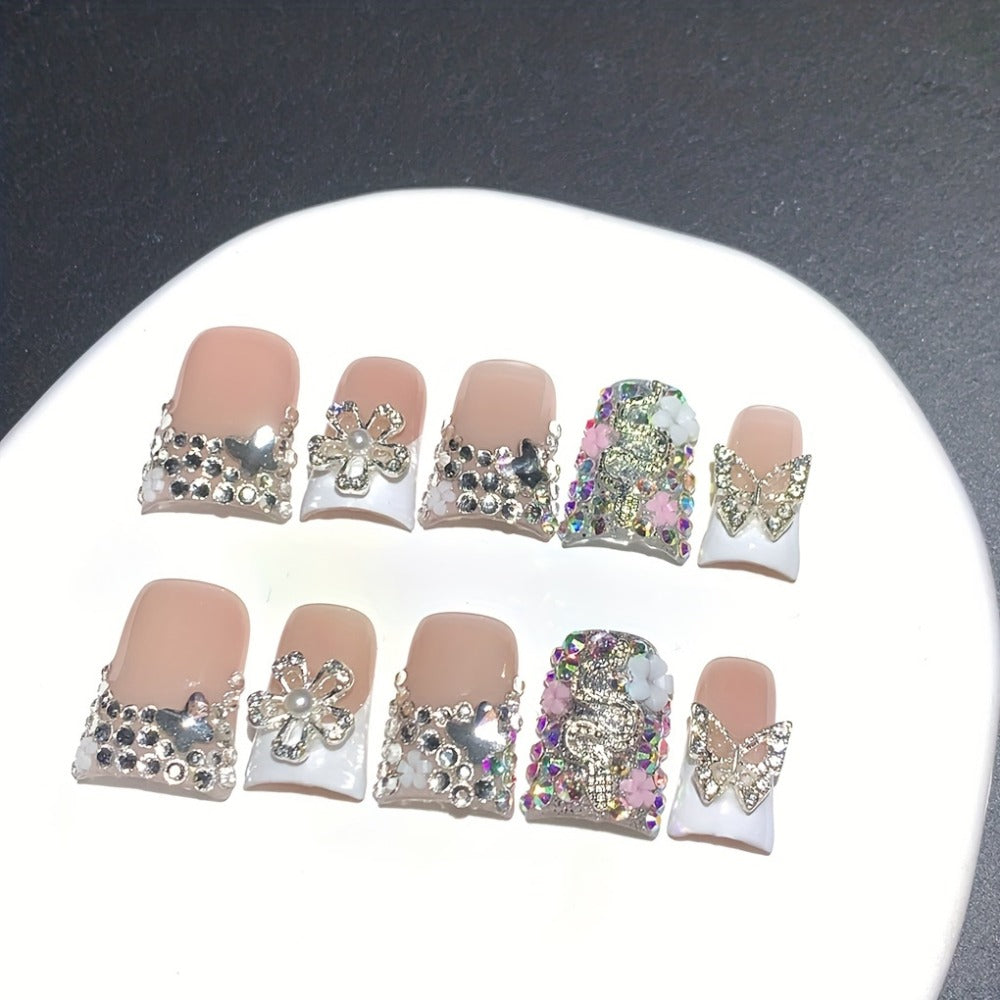 10pcs Ugly Cute Duckbill White French-Style Press-On Nails with Colorful AB Nail Art Accessories,, and Floral Elements, Handmade Full-Cover Press-On Fake Nails, Suitable for Daily Use, Parties, and Birthday Gifts