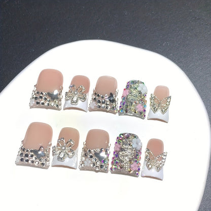 Press On Nails Ugly Cute Duckbill White French Style – Colorful AB Floral Full Cover Handmade Fake Nails | 10pcs Nail Art Set for Daily Use, Parties & Birthday Gifts, S/M/L