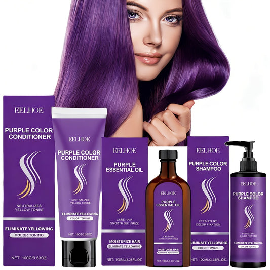 3pcs Purple Collagen Anti Yellowing Hair Care Set, Shampoo With Hair Conditioner And Hair Oil, Repairing Split Ends, Removing Yellowing And Fixing Color, Making Hair Smooth And Soft, Suitable For All Hair Types, Perfect Christmas And Halloween Gifts