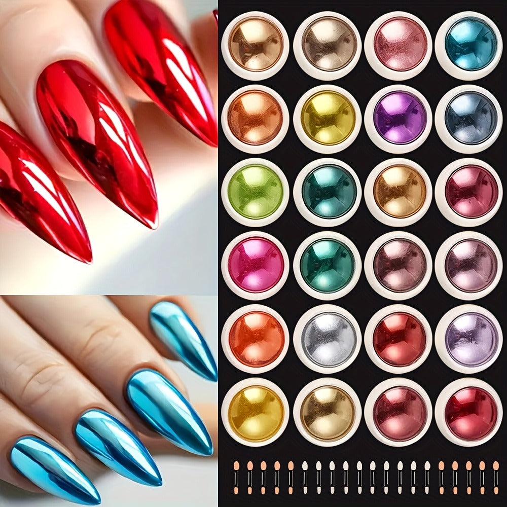 Magic Mirror Nail Art Powder 24 Colors Holographic Chrome Metallic Effect Reflective Glazed Manicure Decoration Rubbing Glitter Non-Discoloring Set