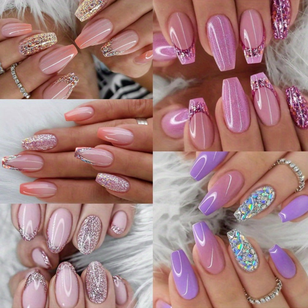 5pcs 120pcs Sparkling Glitter Coffin Nails - Medium Length with Sequins Designs Durable Glossy Pinkish Purple Acrylic - Full Cover False Nails for Women-Easy Press-On, Secure Glue-On,  Nail Art, Press On Manicure, Beauty Lovers