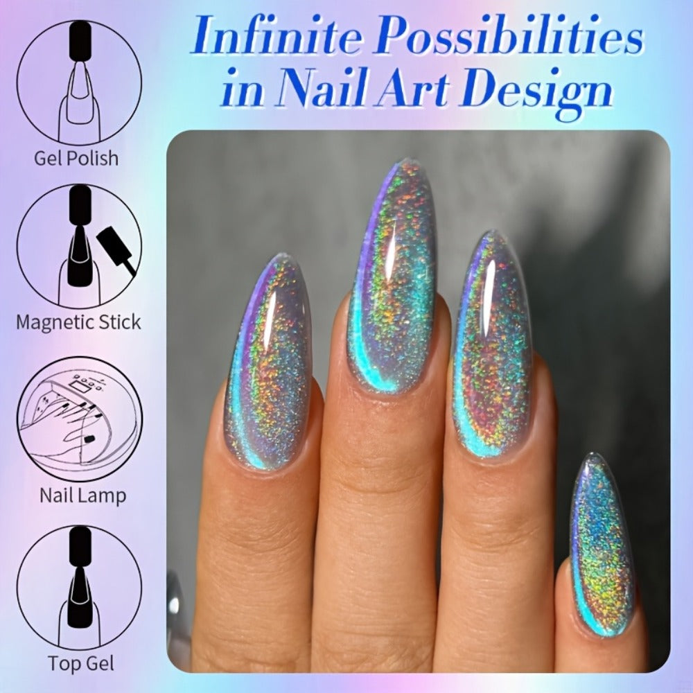 1 Born Pretty 9D Magnetic Cat Eye Gel Polish - Holographic Rainbow with Magnetic Swirl Design, Soak-Off /LED Curable Nail Polish Suitable for DIY Magnetic Nail Art, -Lasting Gel for Salon & Home Use 0.34oz