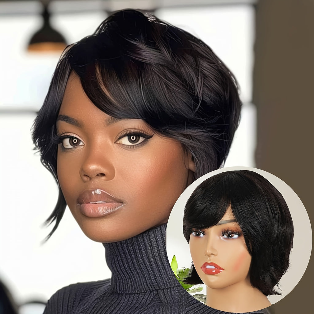 Human Hair Short Wigs for Women Short Curly Pixie Cut Bob Wig Human Hair Black Wigs with Bangs Short Bob Brazilian Remy Human Hair Wigs None Lace Front Wig (black)