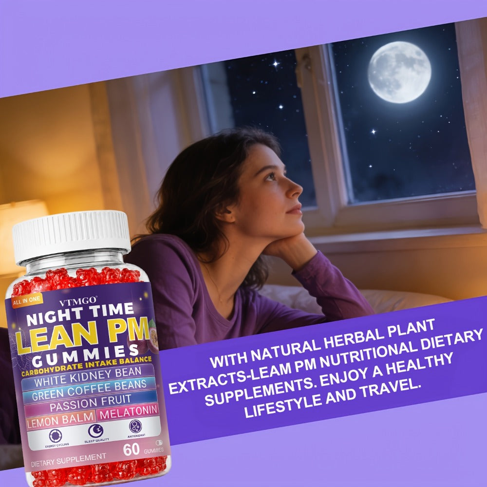 NIGHT TIME LEAN PM GUMMIES: White Kidney Beans, Green Coffee, Lemon Balm, Melatonin, Passionflower - Nature's Source Of Quiet Balance. Night Quietly Becomes The Starting Point for Health, Balance And Change.(60).(1/4/5 Bottles).Family & Holiday Gifts