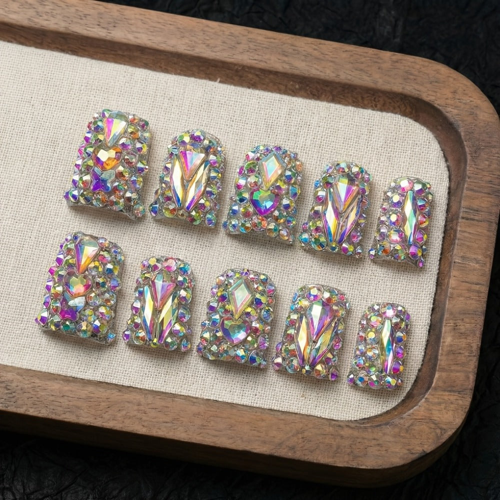Short Duckbill Press On Nails 10pcs Lonnailssy Handmade AB Crystal Colorful Diamond Glossy Reusable Salon Quality Non-Toxic Spring Summer Nail Art Set with Adhesive Gel Tabs S M L Sizes