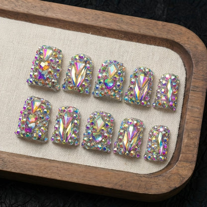 Short Duckbill Press On Nails 10pcs Lonnailssy Handmade AB Crystal Colorful Diamond Glossy Reusable Salon Quality Non-Toxic Spring Summer Nail Art Set with Adhesive Gel Tabs S M L Sizes