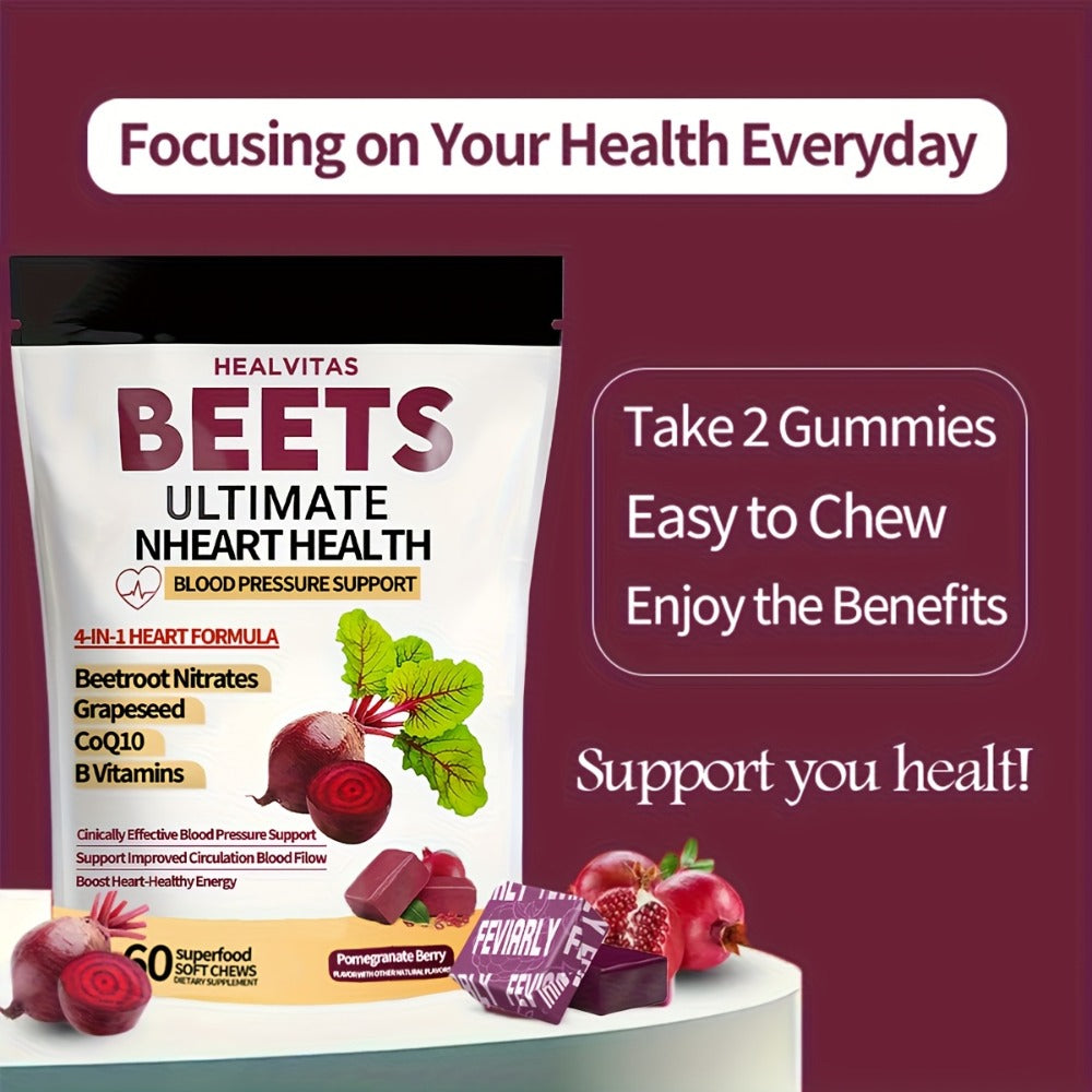 Super Beetroot Chewable Gummies Contains CoQ10, Beetroot Powder, Grape Seed Extract, Multivitamins, Supports Healthy Blood Pressure, Heart Health, Circulation & Blood Flow, 60/120 Soft Chewable Gummies