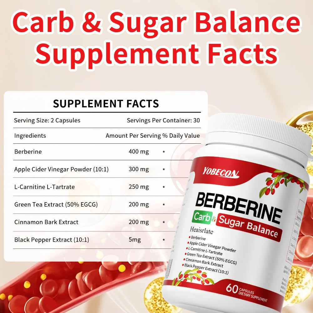 Berberine Capsules with Apple Cider Vinegar, Cinnamon And Green Tea Extract, Supports Healthy Body Shape, Blood Sugar & Digestion, 1Bottle/ 2 Bottles, Suitable for All Ages, 60 Capsules
