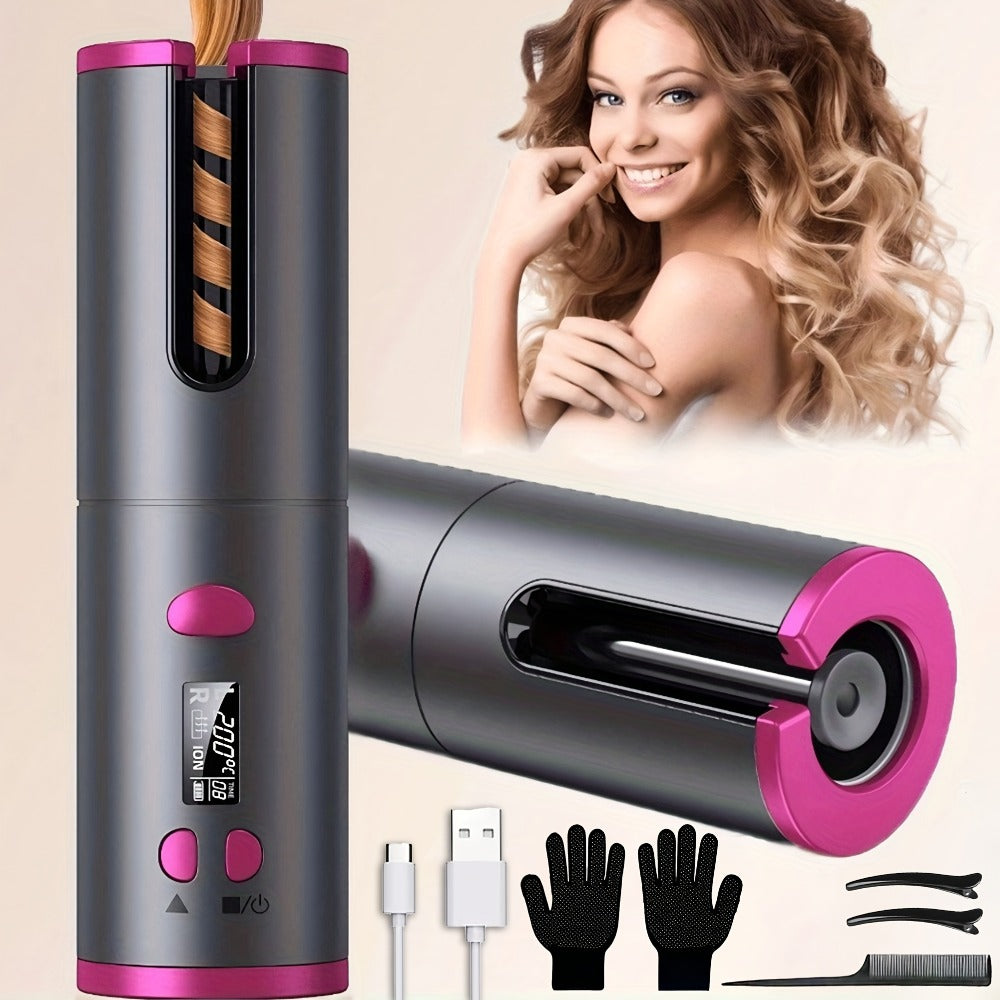 Automatic Curler, Portable Curler, Cordless Rotating Curler with 6 Temperatures, LCD Display USB Rechargeable, Fast Heat-Up And Auto-Off for Hair Styling, Mother'S Day Gift, Birthday Gift (Additions: 1 X Storage Bag And 4 X Hair Clips And 1 X Comb)