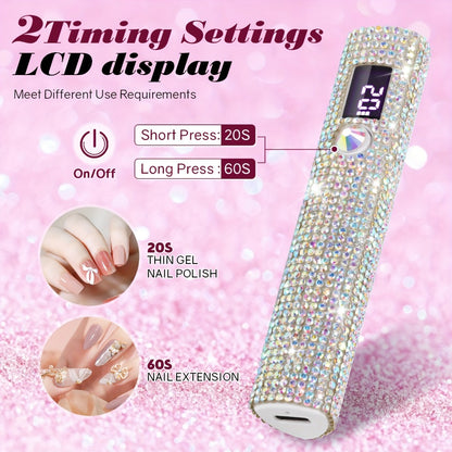 Portable LED Nail Lamp Rhinestone Design USB Rechargeable 365+405nm Quick Dry Gel Polish Curer 20s 60s Timer LCD Display for Hands & Feet Wireless Nail Dryer