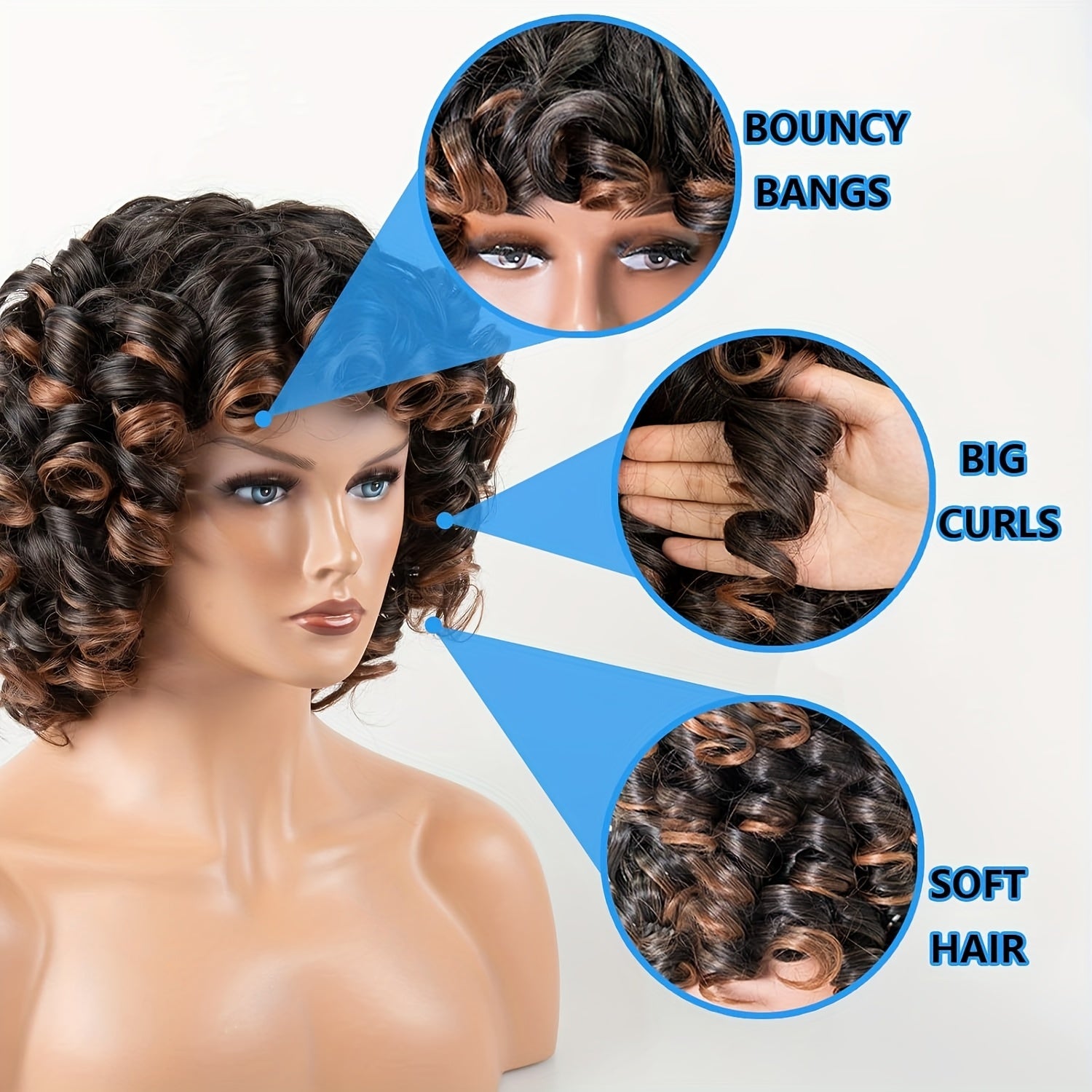 Short Afro Wig with Bangs for 14'' - Kinky Curly Synthetic Hair Wig Suitable for African, Ombre 2-Tone Black/Brown Highlights, Natural Volume & Daily Wear Hair Replacement Wigs