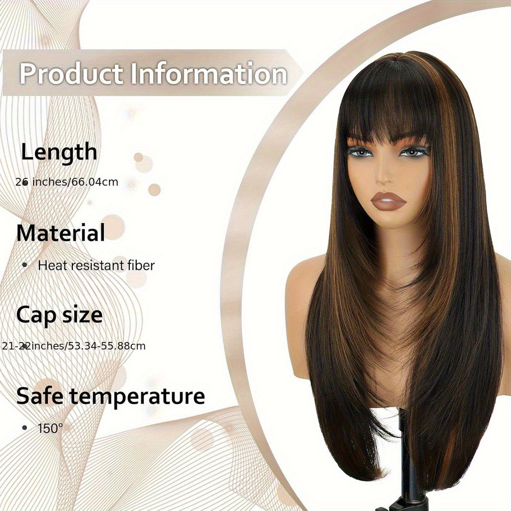 CIVRIE 26" Glueless Black Wig with Curtain Bangs - Long Straight Synthetic Hair, Pre-Bleached Lace Bangs & Realistic Scalp, Upgraded Premium Fibers for Natural Look & Fullness, Easy No-Glue Application, Everyday & Special Events - Women's Hair Wig, Wig Ac