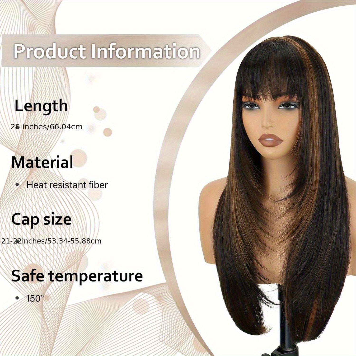 CIVRIE 26" Glueless Black Wig with Curtain Bangs - Long Straight Synthetic Hair, Pre-Bleached Lace Bangs & Realistic Scalp, Upgraded Premium Fibers for Natural Look & Fullness, Easy No-Glue Application, Everyday & Special Events - Women's Hair Wig, Wig Ac