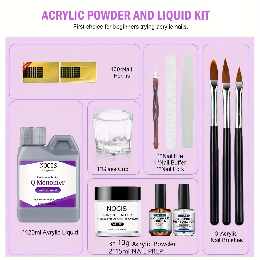 NOCIS 10G Acrylic Powder Collection, Expert Nail Art Package Including Monomer Liquid, Nail Brush, Forms, Dappen Dish, Odorless, Gift Package for Salon-Standard Manicures