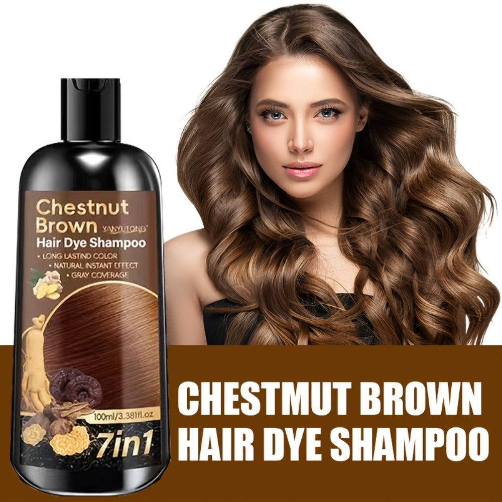 Hair Dye Shampoo 7-in-1 Gray Hair Coverage - Ginger Oil, Biotin & Rosemary Infused Color Shampoo, Gentle Scalp Formula, Brown, Chestnut Brown & Black