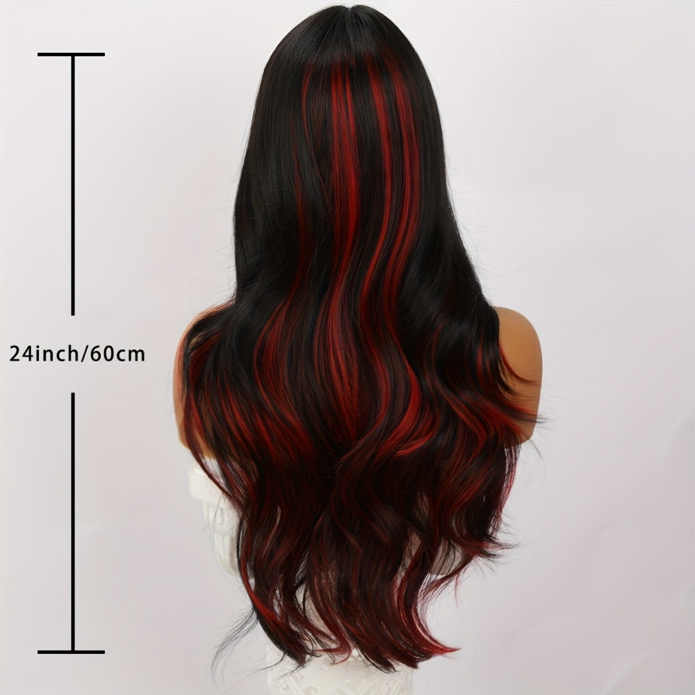 Long Straight Wig with Bangs Synthetic 24 Inch Red Highlights A-Shape Bangs Heat Resistant Rose Net Cap Wig for Women Daily Wear Party Cosplay Flowing Hair