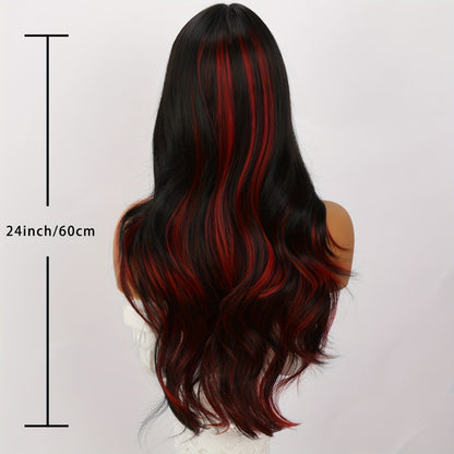 Long Straight Wig with Bangs Synthetic 24 Inch Red Highlights A-Shape Bangs Heat Resistant Rose Net Cap Wig for Women Daily Wear Party Cosplay Flowing Hair
