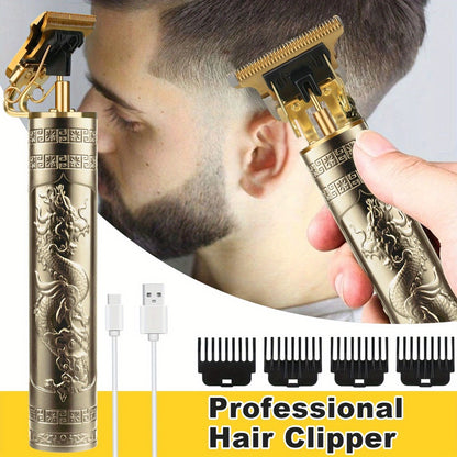 Electric Hair Trimmer for Men - Retro T-Blade Clipper, USB Rechargeable 1000mAh, 4 Guide Combs, 240-Min Runtime, Dragon & Buddha Designs, Black Bronze Blue Purple