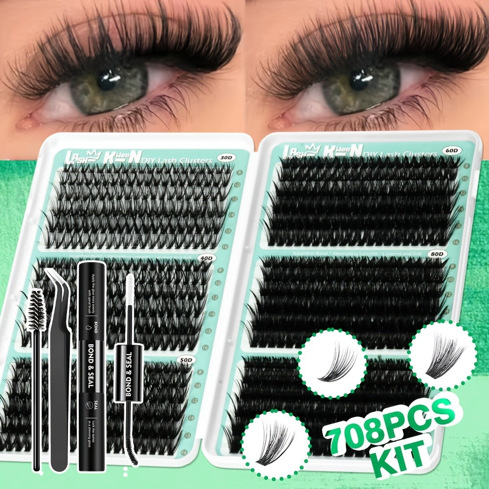 708pcs Mega Lash Clusters Kit with Tweezers Glue & Brush, Ultimate False Eyelashes Collection for Party Wedding Daily Makeup, Soft Silky Fiber Lashes, Full Voluminous Easy Apply Lash Extension Set