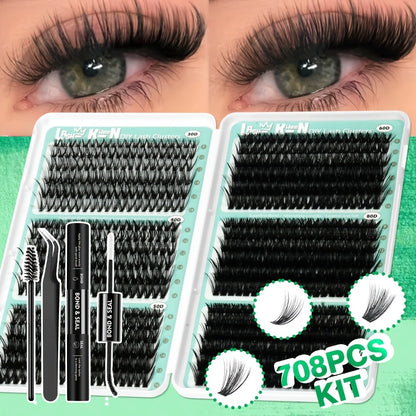 Lash Clusters Kit 708Pcs with Tweezers, Glue & Brush – Soft Silky Fiber False Eyelashes, Full Voluminous DIY Lash Extension Set for Party, Wedding, Bridal & Daily Makeup, Beginner to Pro