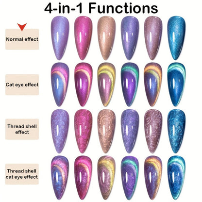 Cat Eye Gel Nail Polish 6Pcs Set Aurora Magnetic 9D Glitter Pearl Shell Effect Semi-Permanent Soak-Off UV LED Gel Varnish Nail Art Kit for Home Salon Manicure Gift for Women