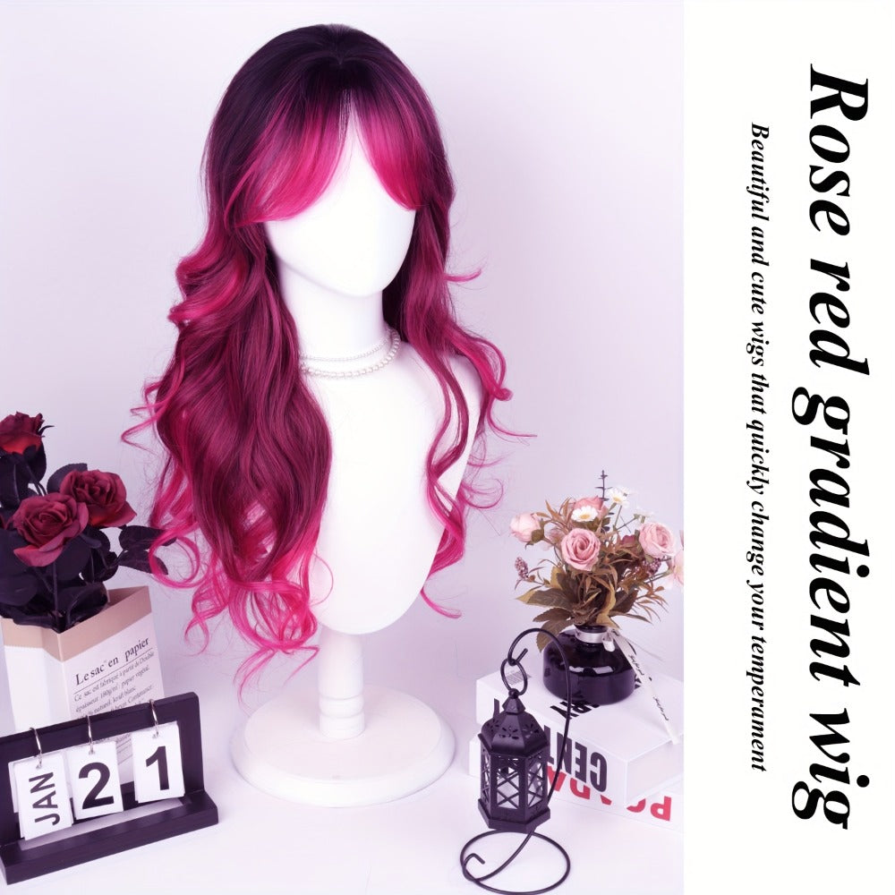 Long Wavy Wig with Air Bangs for Women — 28 Inch Rose Red Gradient, 150% Density Heat Resistant Synthetic Hair, Rose Net Cap, Curly Wave Style, Parties Halloween Christmas Daily Wear