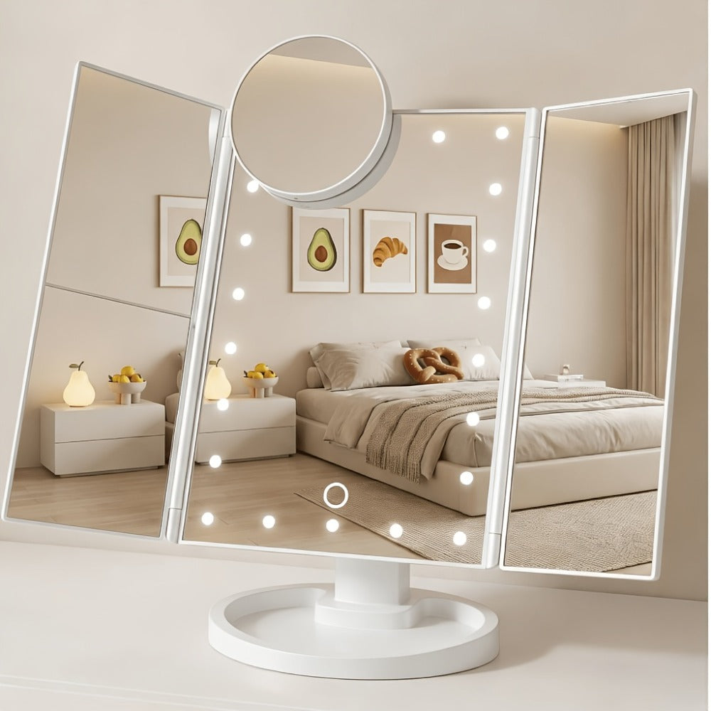 Makeup Mirror, Tri-Fold Lighted Adjustable Vanity Makeup Mirror with 21 LED Lights, Touch Screen And 3X/2X/1X Magnification (Free 10X Mini Mirror Included), Two Power Supply Modes, 360° Rotation, Ideal Gift Option (Rose Golden/White/Black)