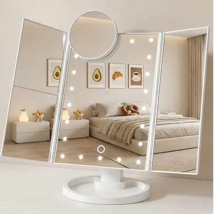 Vanity Mirror with Lights Tri-Fold 21 LED Lighted Makeup Mirror - Touch Control 1X 2X 3X 10X Magnification 360° Rotation Dual Power Trifold Tabletop Mirror