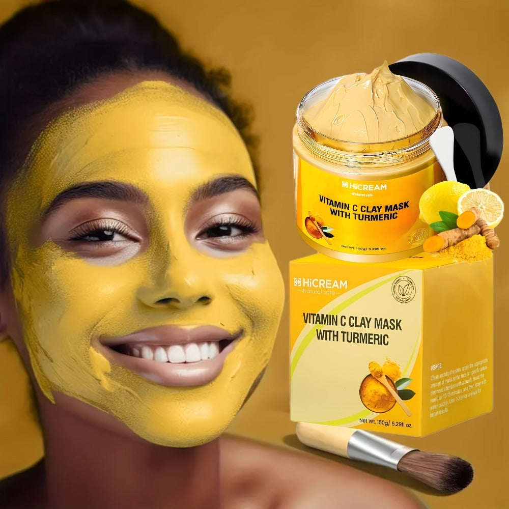 5.29 Oz Turmeric Vitamin C Clay Mask, Turmeric Facial Mud Mask, VC Cleansing Mask. Contains Natural Ingredients: Aloe Vera And Calendula, Making The Skin Fuller And Smoother, Low for Allergenic, Suitable for All Skin Types