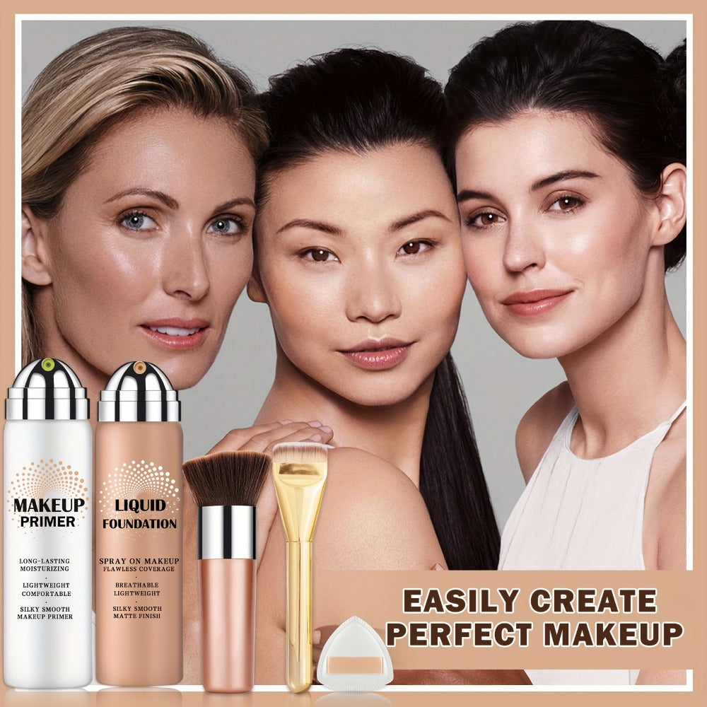 Liquid Foundation & Primer Set — Long-Lasting Silky Smooth Formula | CC Cream BB Cream | Mature Skin | 4 Shades: Natural Beige Nude Porcelain