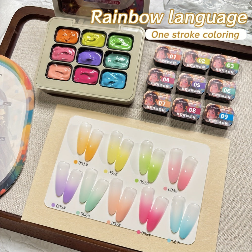 MORDDA 9pcs Rainbow Nail Polish Set - Mini 9-Grid Gel Nail Kit, High Saturation, Long-Lasting, No Alcohol, Gradient Effect, Salon Quality, Perfect Gift for Women