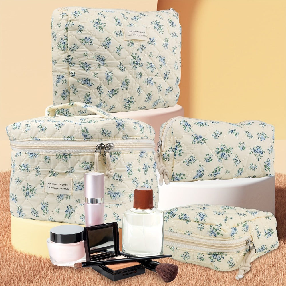 Cute Makeup Bag for Women (4 Pcs), Travel Cosmetic Bags, Quilted Coquette Aesthetic Floral Toiletry Organizer Bag