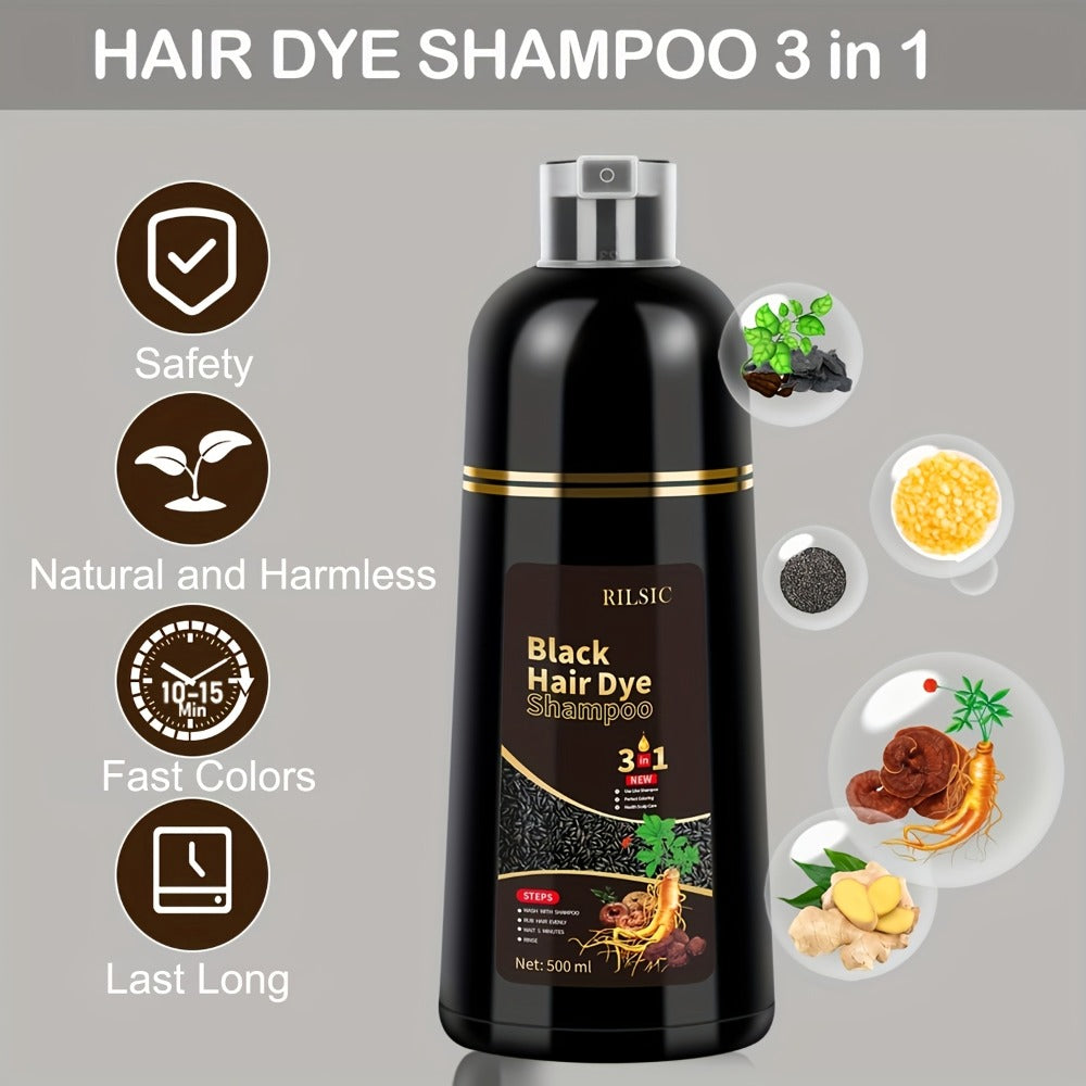 Herbal Hair Dye Shampoo 3-in-1 with Plant Squalene — 2pcs 16.91oz Instant Gray Hair Coverage, Natural Color in Minutes, Unisex, Brown, Dark Brown & Black