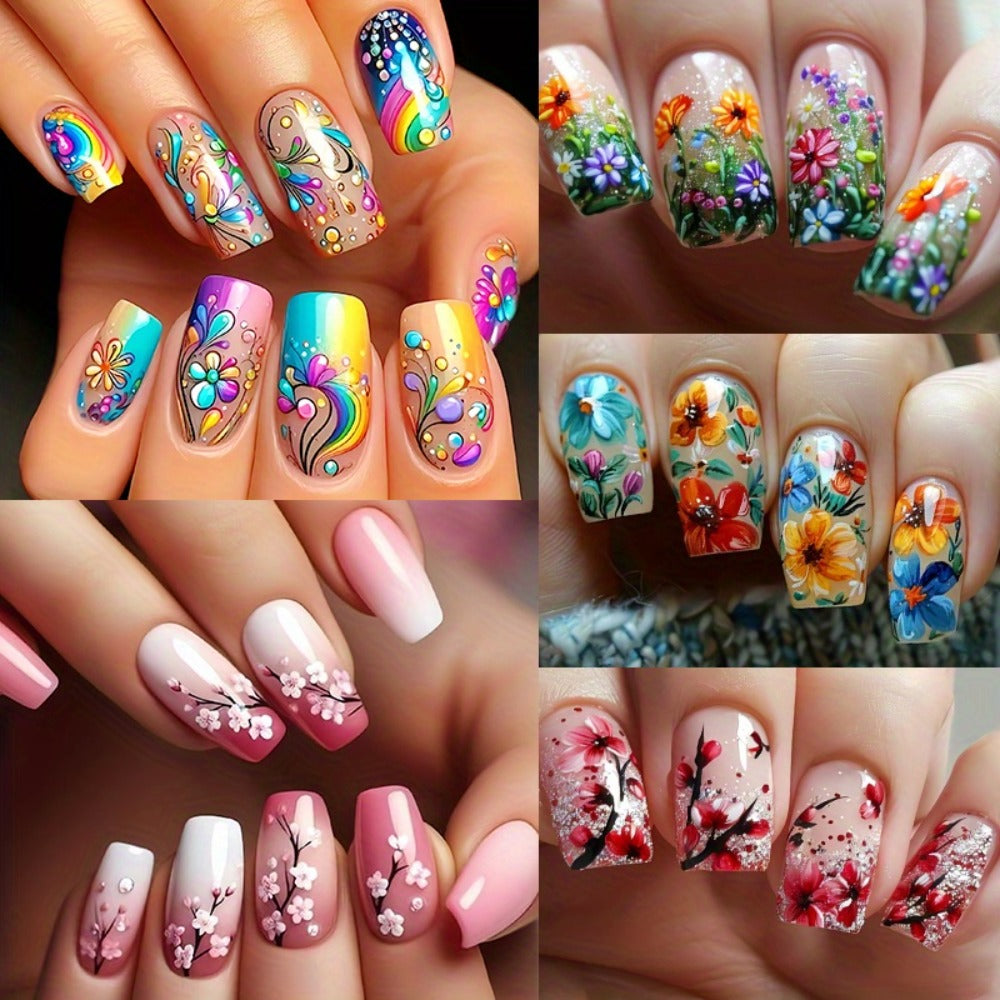 120pcs 5pcs Mixed Color System Nail Art Set, Glossy Finish, Square, Medium Length, Floral and Striped Patterns, Spring/Summer Removable Nail Art Stickers