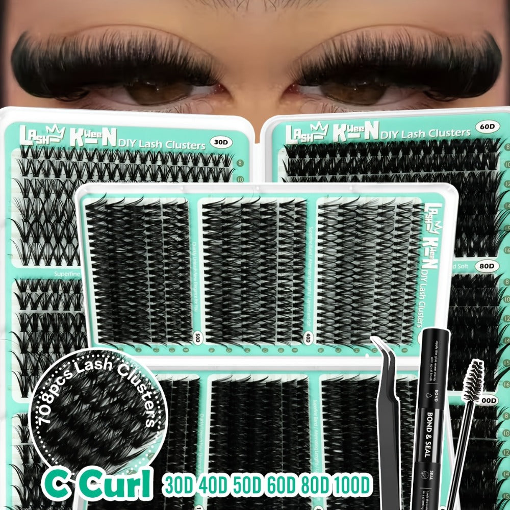 708pcs Mega Lash Clusters Kit with Tweezers Glue & Brush, Ultimate False Eyelashes Collection for Party Wedding Daily Makeup, Soft Silky Fiber Lashes, Full Voluminous Easy Apply Lash Extension Set