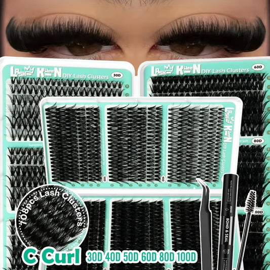 708pcs Mega Lash Clusters Kit with Tweezers Glue & Brush, Ultimate False Eyelashes Collection for Party Wedding Daily Makeup, Soft Silky Fiber Lashes, Full Voluminous Easy Apply Lash Extension Set