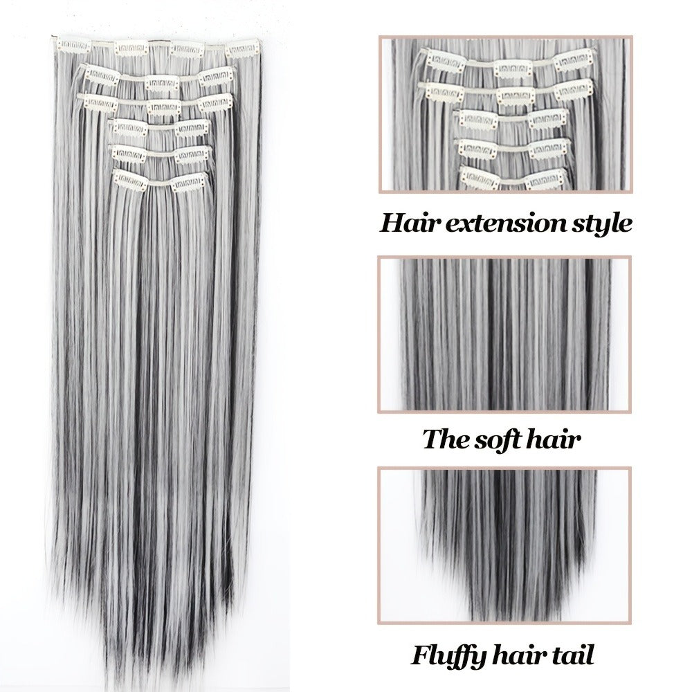 Clip In Hair Extensions Synthetic 6pcs 24 Inch Heat Resistant Black Gray for Women Halloween Costume Party Daily Wear Volume Boosting