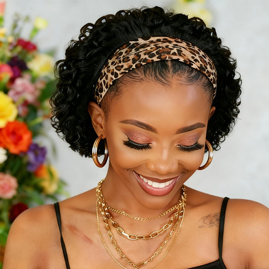 Brazilian Human Hair Wig Suitable for Skin Tones - 150% Density Kinky Curly Headband Wig with Natural Short Curly Hair, No Glue/Gel Application, Instant Volume for Beginners, for for Cosplay, Halloween & Daily Wear