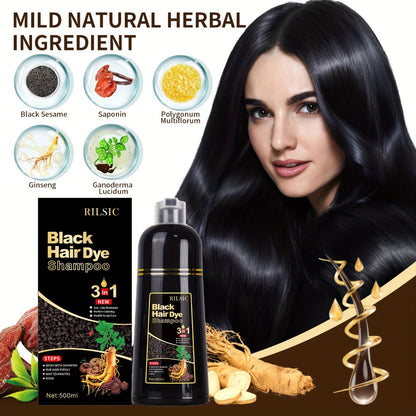 Hair Dye Shampoo for Grey Hair 3-in-1 Natural Plant-Based Herbal Formula Non-Stick Scalp Covers White Hair Colors in Minutes 500ml Black Dark Brown Chestnut
