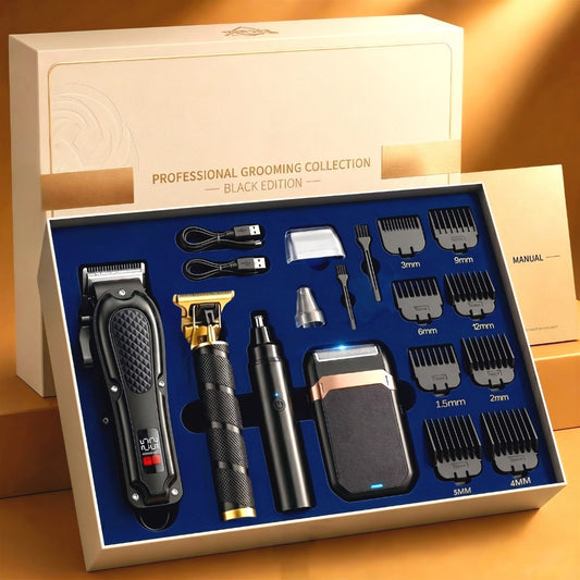 [USB Rechargeable] Professional Men's Grooming Kit, Rechargeable Hair Clipper And Beard Trimmer Set with Guide Combs, Nose Trimmer, Electric Shaver, USB Charging Cable, Haircut And Styling Tool for Men